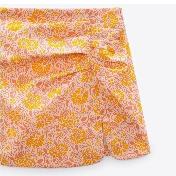 ZARA Linen Blend Floral Mini Skirt‎ Orange Pink Ruched Size L - Picture 5 of 12
